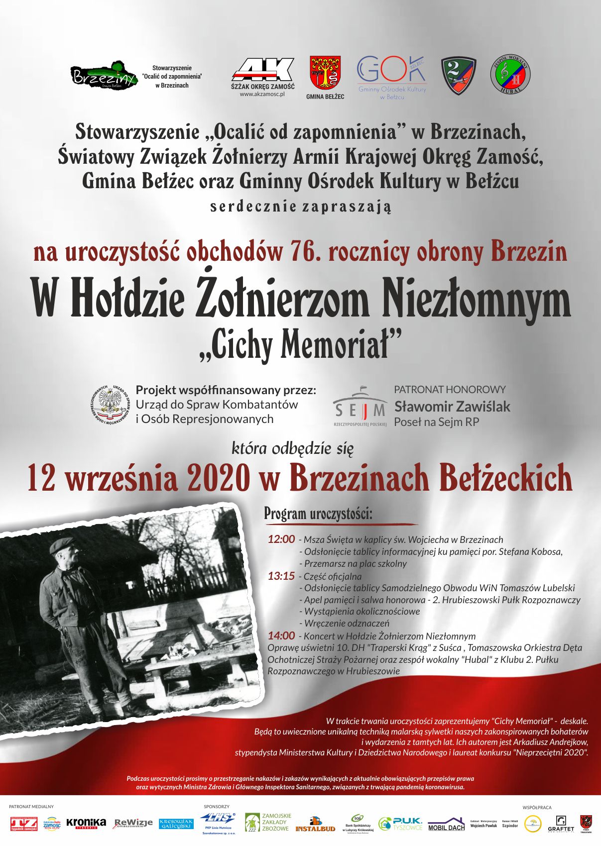 Plakat na uroczystość obchodów 76. rocznicy obrony Brzezin „W Hołdzie Żołnierzom Niezłomnym – Cichy Memoriał” - 12 września br. w Brzezinach Bełżeckich.